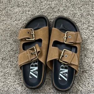 Zara Brown Buckled Leather Sandal Flats Sz 9